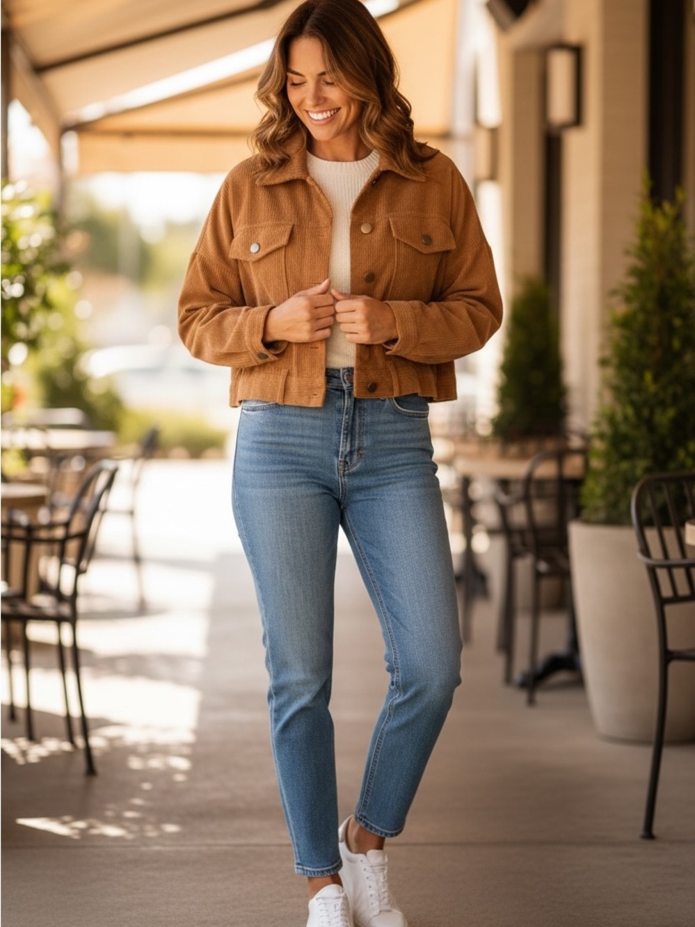 Cropped Tan Bomber Jacket with Button Flap Pockets
